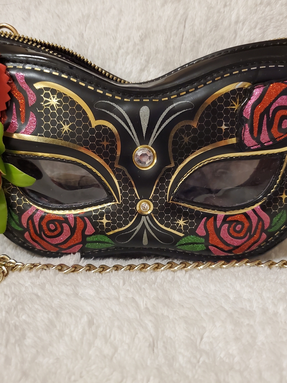 Betsey Johnson Black Mask Crossbody Bag with Pink & Red Rose Accents